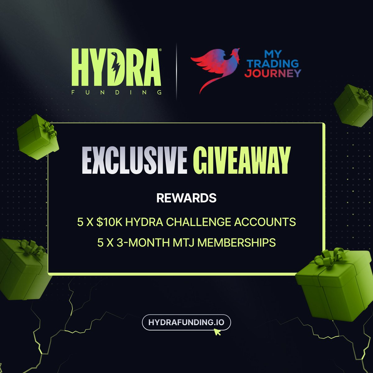 In celebration of our partnership with @MTJSoftware, we’re teaming up to give away 5 Hydra $10K Challenge Accounts and 5 3-month MTJ Memberships! 🏆

To enter 👇🏻
1. Like &amp; Retweet this tweet
2. Follow <a href="/hydrafunding/">Hydra Funding</a> &amp; @MTJSoftware
3. Tag 2 friends in the comments

Ends on 6th