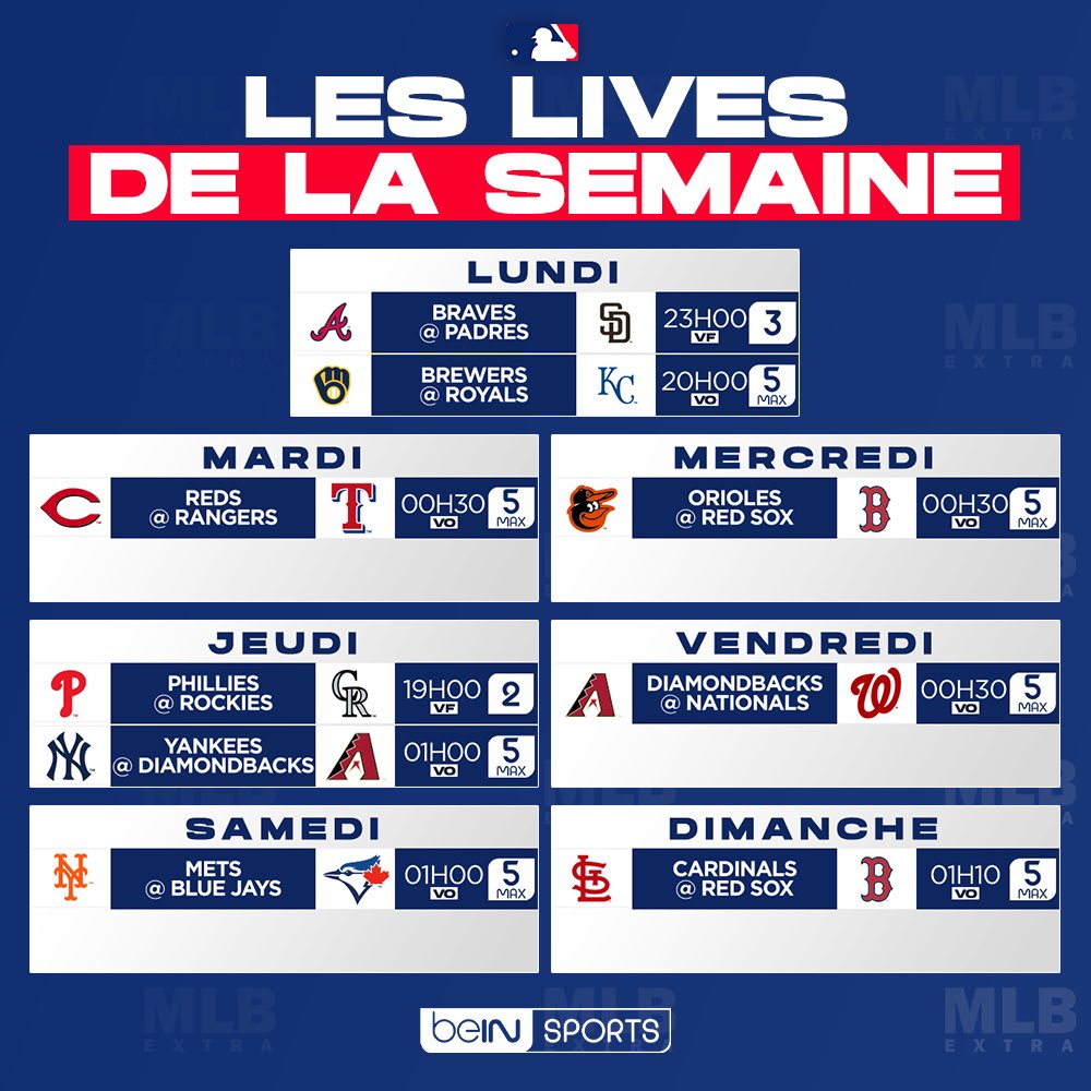 MLBextra (@mlbextra) on Twitter photo ⚾️ #MLBextra
🚨 Voici le programme des matchs diffusés du 31 mars au 6 avril sur <a href="/beinsports_FR/">beIN SPORTS</a> (sous réserve de modifications) ! ⚾️ #MLBextra
🚨 Voici le programme des matchs diffusés du 31 mars au 6 avril sur <a href="/beinsports_FR/">beIN SPORTS</a> (sous réserve de modifications) !