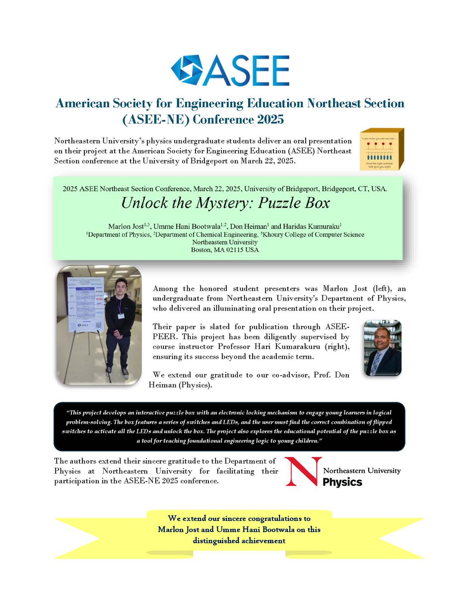 Undergraduate physics student Marlon Jost and Umme Hani Bootwalla present at the American Society for Engineering Education Northeast Section (ASEE-NE) Conference 2025 #spsnortheastern #northeasterncos