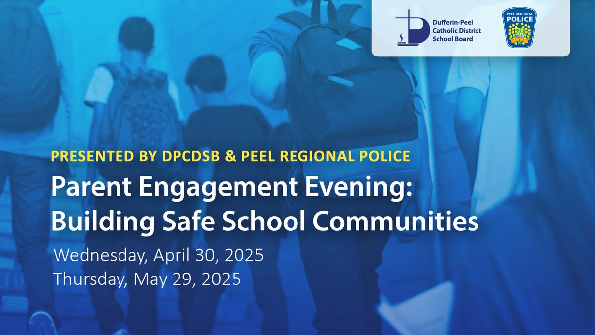 Dufferin-Peel Catholic District School Board (@dpcdsbschools) on Twitter photo This spring, DPCDSB & <a href="/PeelPolice/">Peel Regional Police</a> are hosting a Parent Engagement Evening to promote safe school communities with presentations by student safety advocates & opportunities for parents/guardians to connect with community partner organizations.
More info: dpcdsb.info/Event-Building… This spring, DPCDSB & <a href="/PeelPolice/">Peel Regional Police</a> are hosting a Parent Engagement Evening to promote safe school communities with presentations by student safety advocates & opportunities for parents/guardians to connect with community partner organizations.
More info: dpcdsb.info/Event-Building…