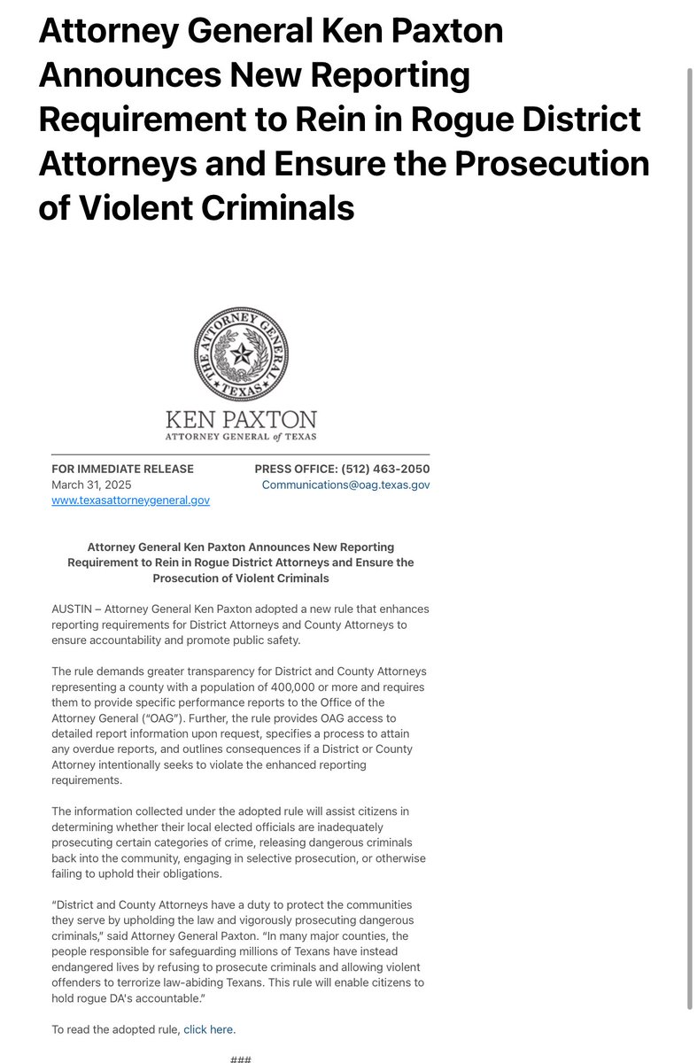 Cleo_Petricek's tweet image. Breaking! Attorney General Ken Paxton Announces New Reporting Requirement to Rein in Rogue District Attorneys and Ensure the Prosecution of Violent Criminals