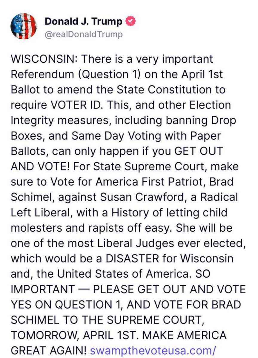 WisGOP's tweet image. 🚨BREAKING🚨

@realDonaldTrump is calling on YOU to vote TOMORROW to protect Voter ID!

Vote YES on Voter ID and vote for @TeamSchimel to stop Susan Crawford from destroying election integrity!