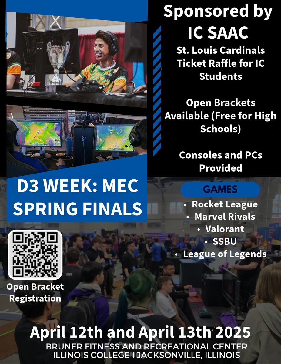 The biggest event of the year is almost here! 

MEC Finals | April 12-13, 2025
Bruner Center, Jacksonville, IL
Hosted by <a href="/UnifiedEA/">Unified</a> + <a href="/CassCableTv/">Cass Communications</a>
Featuring Valorant, RL, Marvel Rivals, SSBU &amp; LoL
Free HS open brackets + Cardinals ticket raffle for IC students
#MECFinals #D3Week
