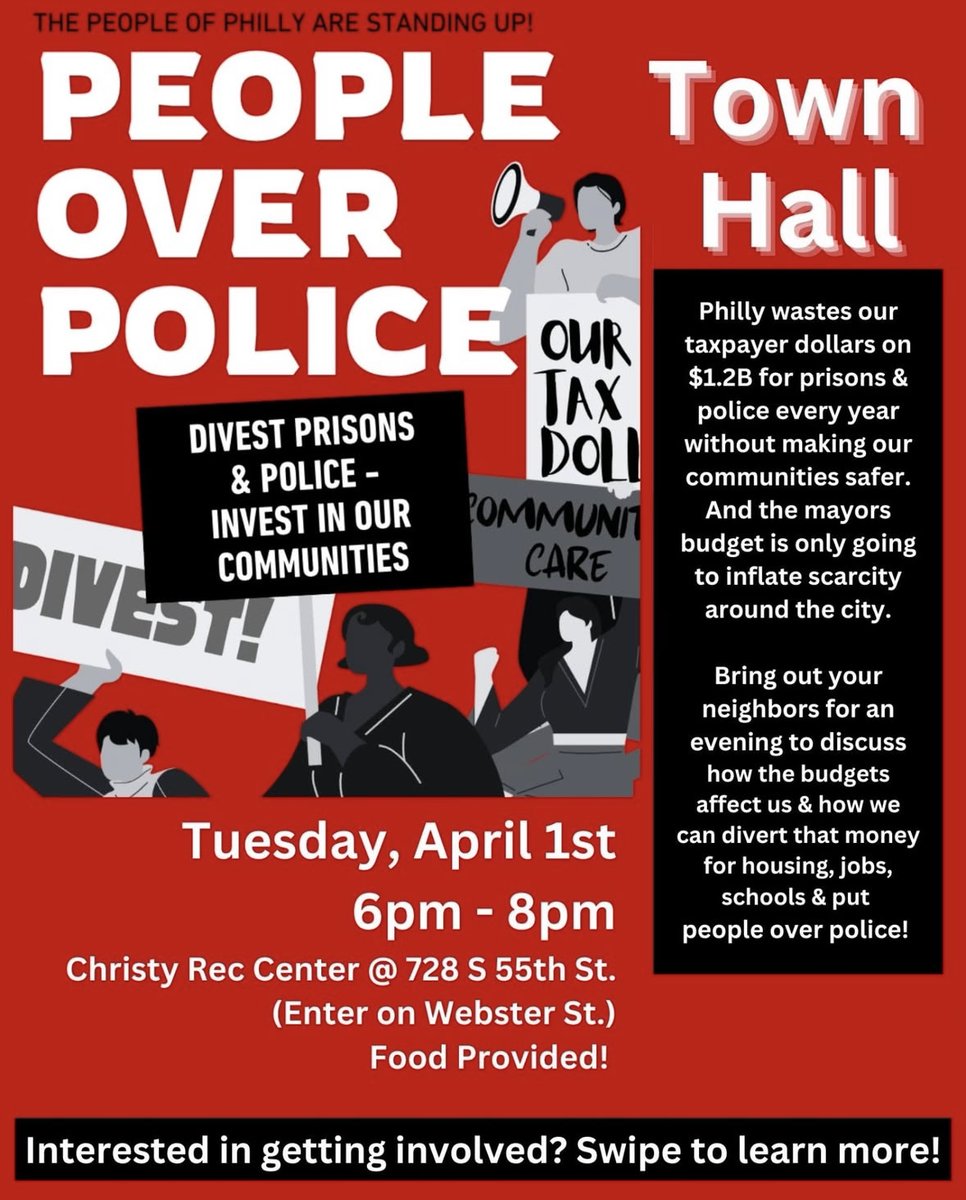 AmistadPower's tweet image. Tomorrow night! Join us in West Philly at the Christy Rec Center from 6-8pm for a town hall about how we can prioritize the people over the police this budget cycle.
The fight for a fair budget is central to the fight for real community safety. Bring your friends and neighbors!