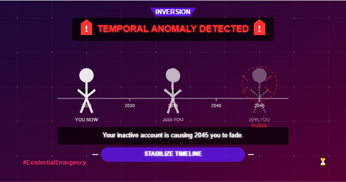 Inversion_cloud's tweet image. 🚨 TEMPORAL ANOMALY DETECTED
Your inactive account is causing 2045 you to fade.
Stabilize timeline: [inversion.cloud] ⏳ #ExistentialEmergency