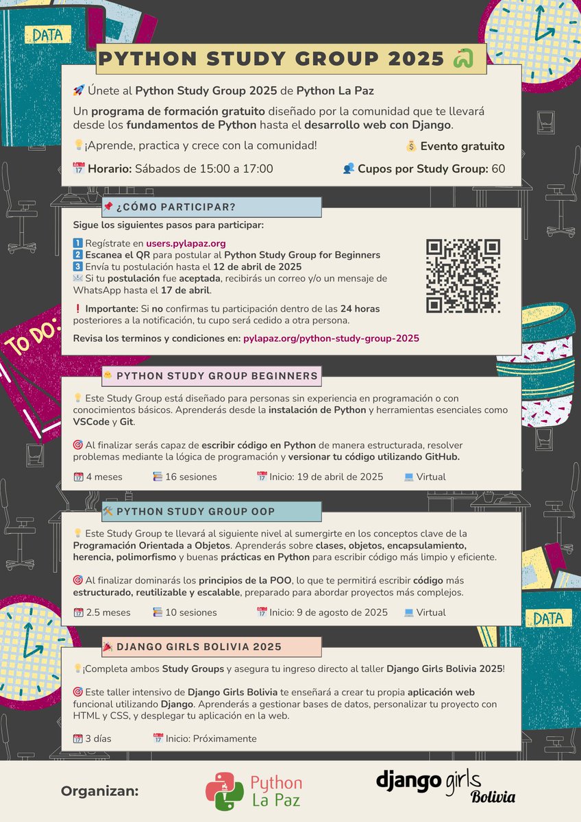 PythonLaPaz's tweet image. ¡Únete al Python Study Group 2025! 🚀🐍
Si eres nuevo en Python o quieres fortalecer tus habilidades ¡Este es el espacio perfecto para ti! 📚💻
🔗 Crea un usuario en: users.pylapaz.org
📝 Postúlate en: users.pylapaz.org/event/67e71c8b…