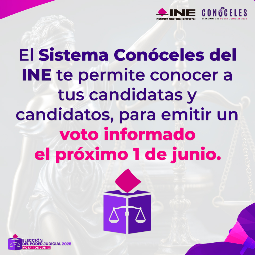 El Sistema Conóceles del INE te permite consultar el perfil de las candidatas y candidatos. Conoce sus propuestas y participa con un voto informado este 1 de junio.

▶️ candidaturaspoderjudicial.ine.mx