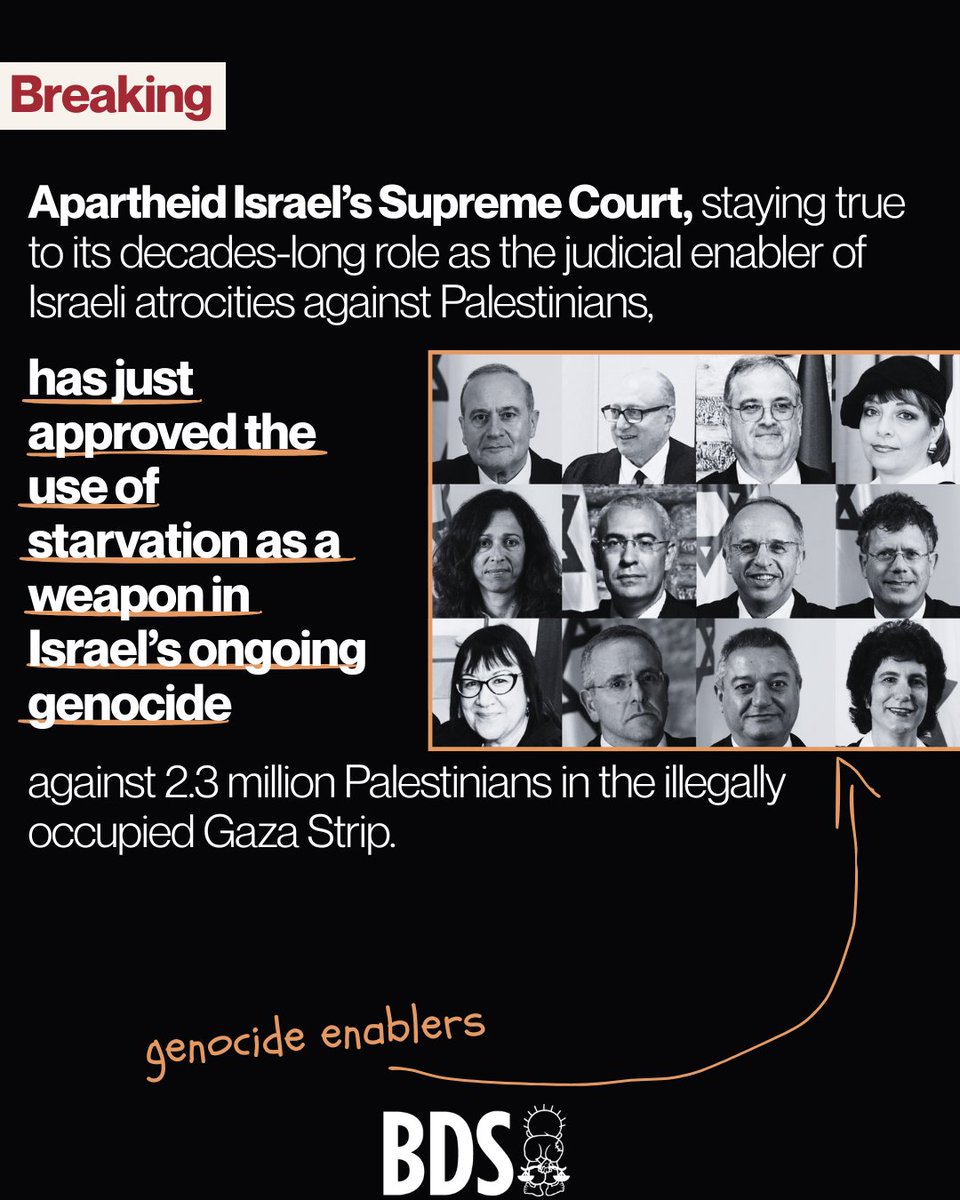 BDSmovement's tweet image. Israel has systematically blocked, looted, and bombed life-saving aid, deliberately murdering aid workers. The apartheid regime’s “Supreme Court” just ruled that this is acceptable.