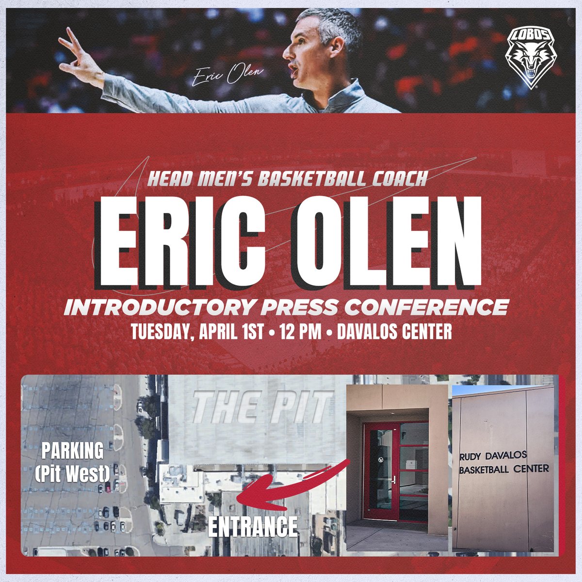 Coach Olen will be arriving at Cutter Aviation at 5:50pm tonight!

His introductory press conference will be in the Davalos Center at 12pm tomorrow. This is open to the public; parking will be at Pit West and enter through the southwest entrance. Doors open at 11:30am.