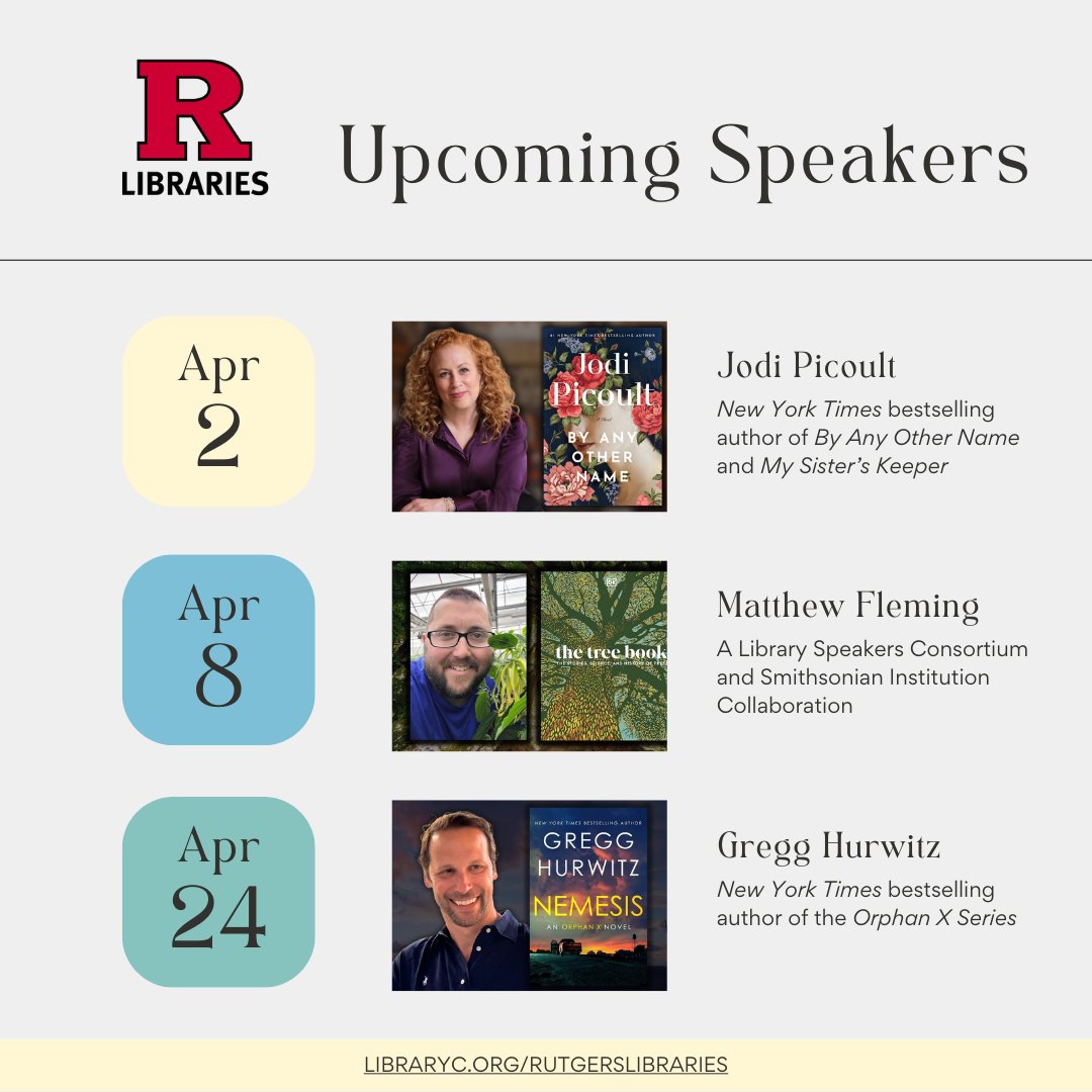 Register now for these exciting author talks!
libraryc.org/rutgerslibrari…

We'll have NYT best-selling author Jodi Picoult, Smithsonian horticulturalist Matthew Fleming, and NYT best-selling suspense writer Gregg Hurwitz.

#authortalk #speakerseries #rutgerslibraries