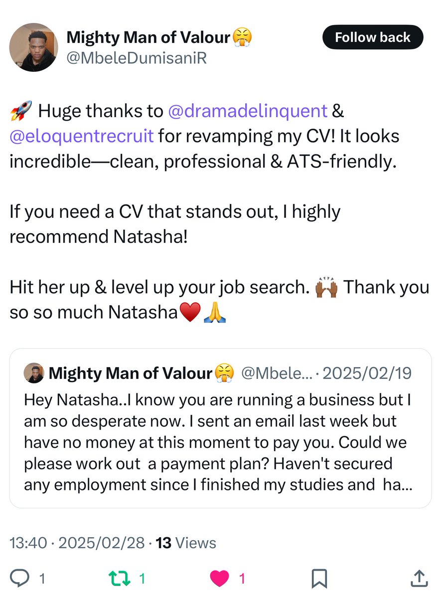 dramadelinquent's tweet image. April is a good time to look for a new job as hiring managers often begin to feel more urgency in the hiring process after Q1, and companies may be in a hurry to fill open positions

Let’s revamp your CV 

CV R100 - R200
LinkedIn R550
Advanced LinkedIn R700
Exec resume R750
Cover…