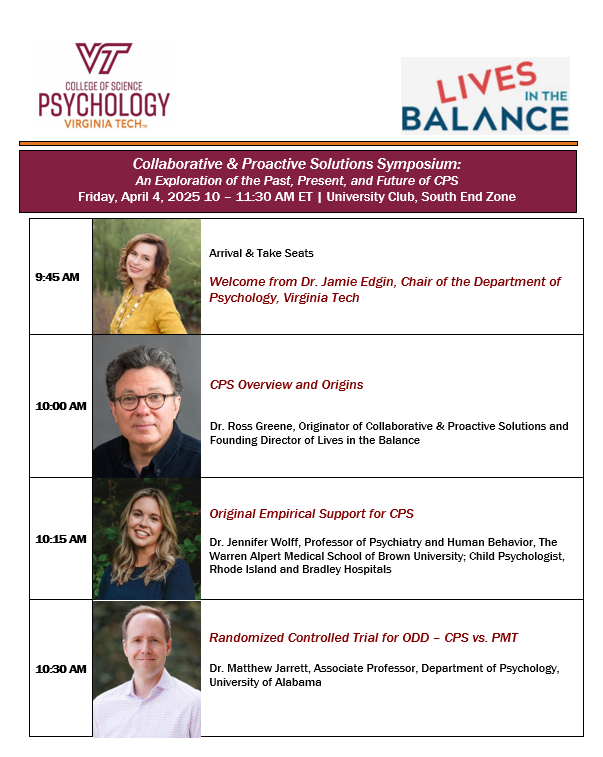 VT_Psychology's tweet photo. The Collaborative &amp; Proactive Solutions Symposium is this Friday, April 4th from 10 - 11:30am at the University Club, South End Zone. We hope to see you there! More details below ⬇️⬇️ https://t.co/W2OUzKVanl
