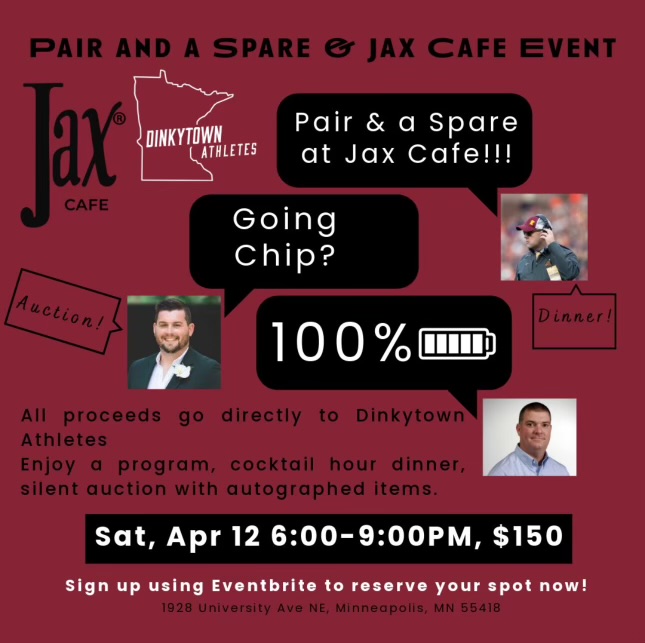 ChiColeman23's tweet image. Don’t miss the Pair and a Spare podcast live at Jax Cafe on April 12 from 6-9pm! Enjoy a cocktail hour, a fun program, and a silent auction with autographed Gopher items. All proceeds benefit student athletes through @DTAthletes
