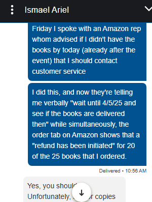 BennyDomino's tweet photo. so @amazon @AmazonKDP still has not delivered the author copies of my book, and this is an excerpt from a conversation that I had with one of their representatives. This was the 4th person that I spoke with.  This is unacceptable. (1/5 posts) https://t.co/hchw7VHPHx