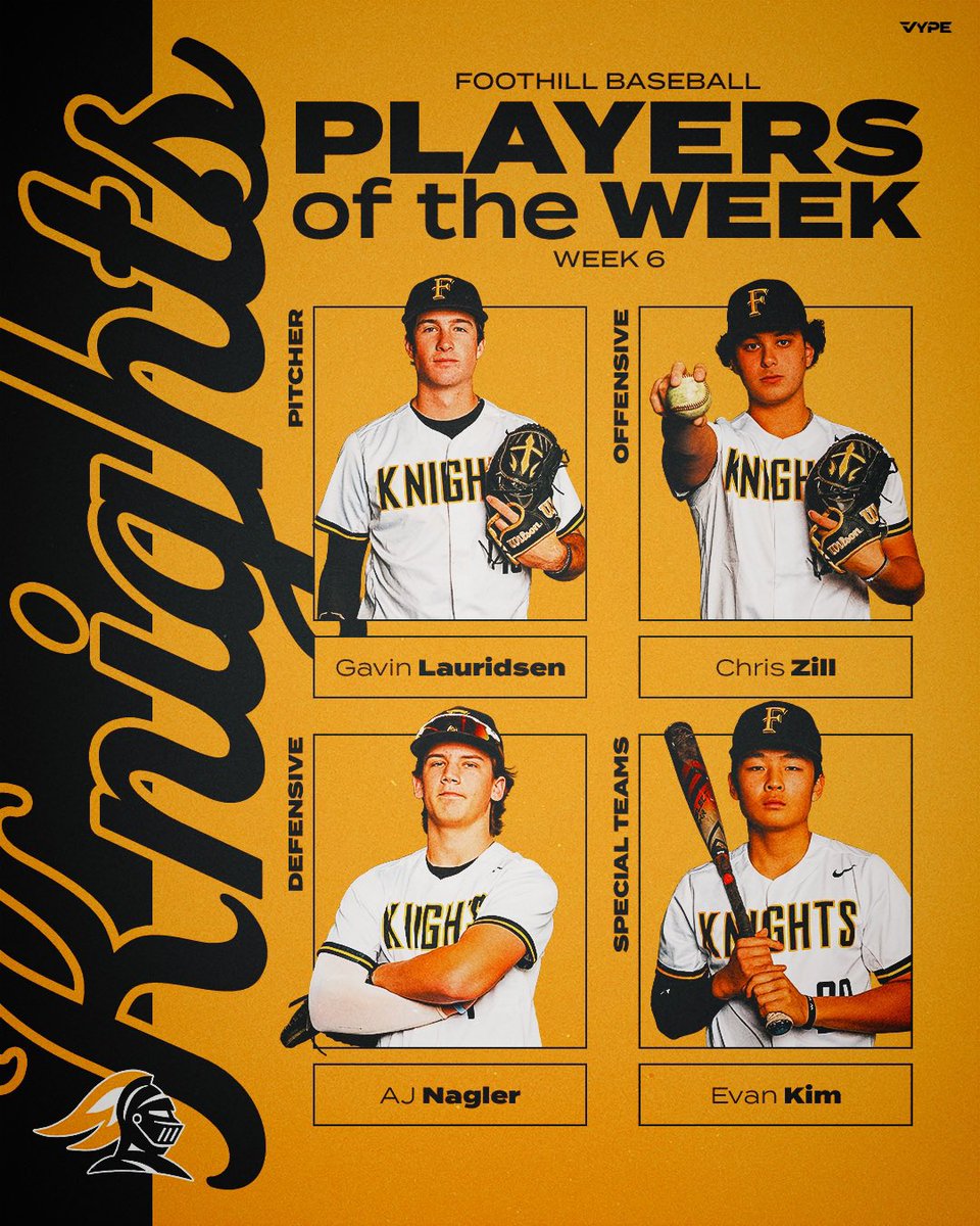 Foothill Baseball (@foothillbasebal) on Twitter photo The Players of the Week for the Knights in Week 6:
Pitcher: <a href="/GavinLauridsen/">Gavin Lauridsen</a> 6IP H 12K
Offensive: Chris Zill 5-14 2B 2HR 5R 9RBI
Defensive: <a href="/AJ_Nags_/">A.J. Nagler</a> 1.000FP 32TC 4CS
Special Teams: <a href="/evank_0209/">Evan Kim</a> 3HBP 2DBR The Players of the Week for the Knights in Week 6:
Pitcher: <a href="/GavinLauridsen/">Gavin Lauridsen</a> 6IP H 12K
Offensive: Chris Zill 5-14 2B 2HR 5R 9RBI
Defensive: <a href="/AJ_Nags_/">A.J. Nagler</a> 1.000FP 32TC 4CS
Special Teams: <a href="/evank_0209/">Evan Kim</a> 3HBP 2DBR