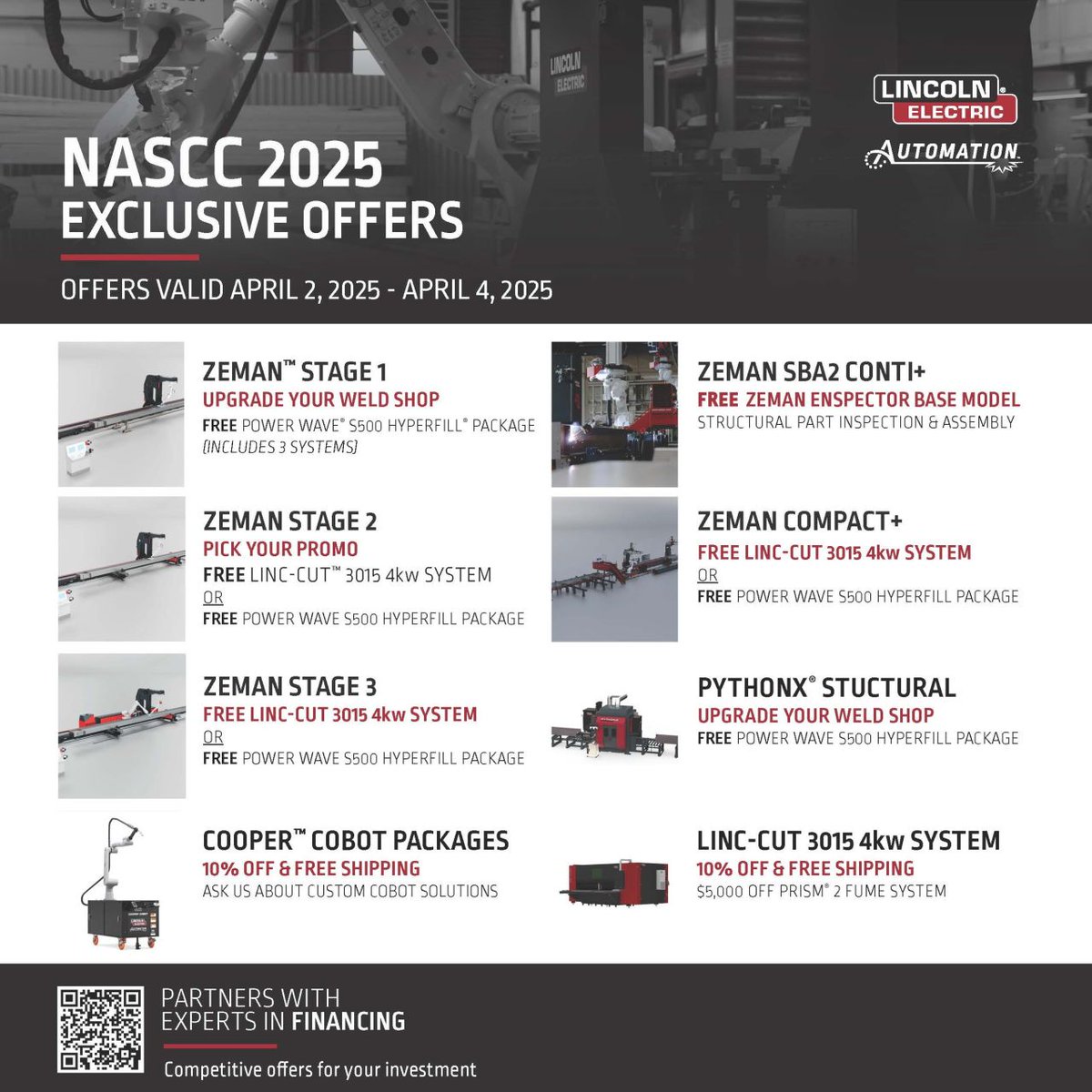 PythonXrobot's tweet image. It's almost time for NASCC 2025!💣⏰
We will be there in booth #1013 with a ton of exclusive show-only promotions💸
Take your pick!
Book a meeting in our show conference room for a private conversation with our experts: bit.ly/4iNohpe
#LincolnElectricAutomation #NASCC