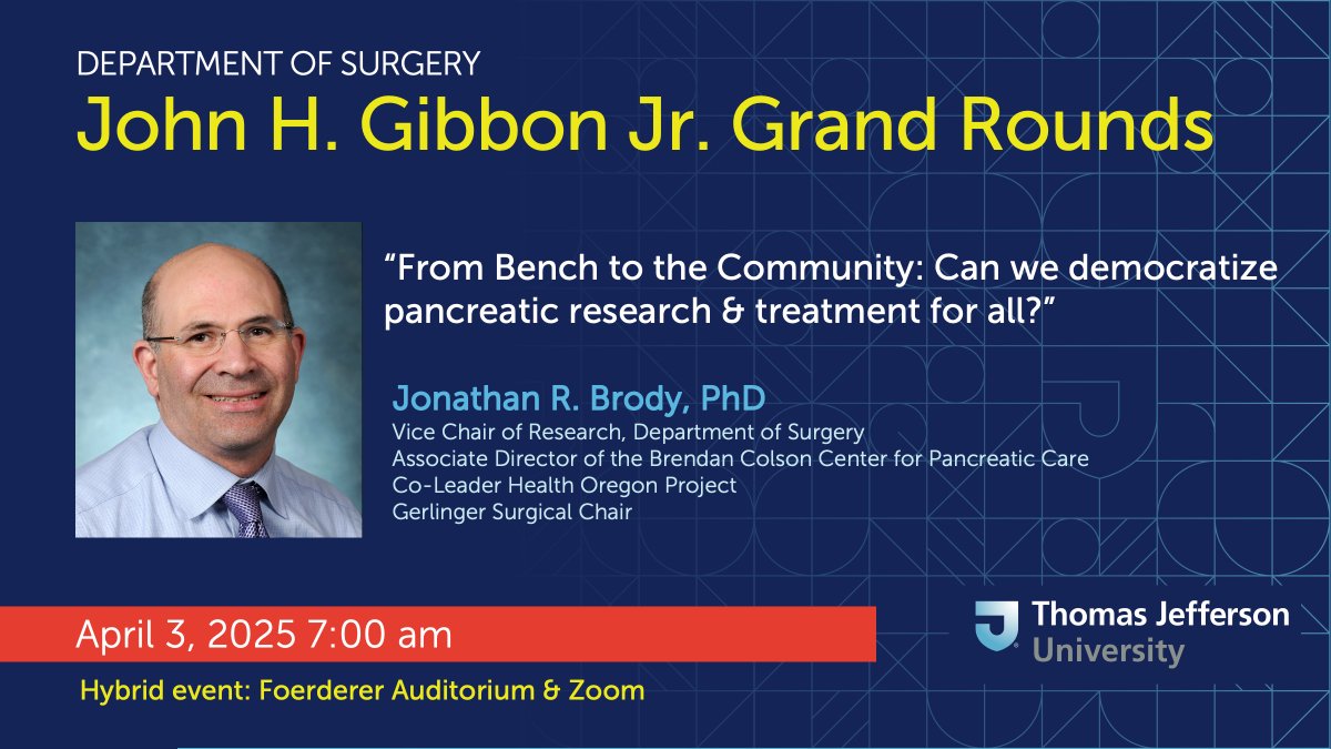 Jefferson Surgery (@jeffsurgery) on Twitter photo This Thursday, we are thrilled to present the Annual John H. Gibbon, Jr, #GrandRounds Lecture. This year, <a href="/JonBrodyPhD/">Jonathan Brody PhD</a> returns to Jefferson as our invited speaker. #PancreaticCancer
Faculty & staff will receive the link via email | recording to follow This Thursday, we are thrilled to present the Annual John H. Gibbon, Jr, #GrandRounds Lecture. This year, <a href="/JonBrodyPhD/">Jonathan Brody PhD</a> returns to Jefferson as our invited speaker. #PancreaticCancer
Faculty & staff will receive the link via email | recording to follow