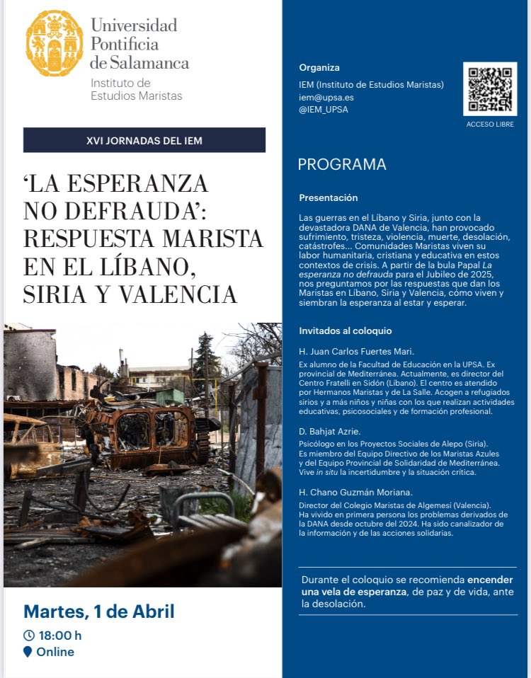 IEM (@iem_upsa) on Twitter photo #CaféColoquioXVI “La esperanza no defrauda: Respuesta #Marista en #Libano #Siria y #Valencia martes 1 de abril 18 h. <a href="/IEM_UPSA/">IEM</a> <a href="/upsa/">UPSA</a> <a href="/maristascompost/">Maristas Compostela</a> <a href="/MaristasMedit/">MaristasMediterranea</a> <a href="/maristasiberica/">Maristas Ibérica</a> <a href="/maristsmre/">Marist Region of Europe</a> <a href="/maristaalgemesi/">Maristas Algemesí</a> #CaféColoquioXVI “La esperanza no defrauda: Respuesta #Marista en #Libano #Siria y #Valencia martes 1 de abril 18 h. <a href="/IEM_UPSA/">IEM</a> <a href="/upsa/">UPSA</a> <a href="/maristascompost/">Maristas Compostela</a> <a href="/MaristasMedit/">MaristasMediterranea</a> <a href="/maristasiberica/">Maristas Ibérica</a> <a href="/maristsmre/">Marist Region of Europe</a> <a href="/maristaalgemesi/">Maristas Algemesí</a>