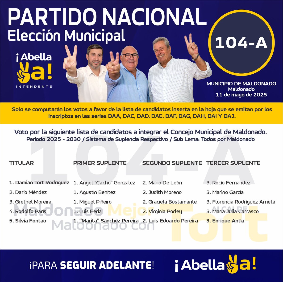 Hoy acompañamos a DAMIAN TORT a registrar su LISTA 104A en donde dos representantes de LA 44000 AGUSTÍN BENITEZ y JUDITH MORENO forman parte de los Candidatos a Concejales !
En Mayo LA 44000 en lo DEPARTAMENTAL ABELLA INTENDENTE y LA 104A DAMIAN TORT ALCALDE DE MALDONADO!!!!