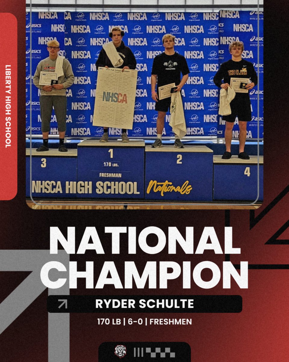 Congratulations to <a href="/LibertyLionsHS/">Liberty Lions HS</a> Freshman Wrestler Ryder Schulte winning the national championship at the NHSCA High School Nationals.  Ryder was 6-0, clinching the 170lb National Championship which concludes an amazing season where he also was the 2025 AIA State Champion.