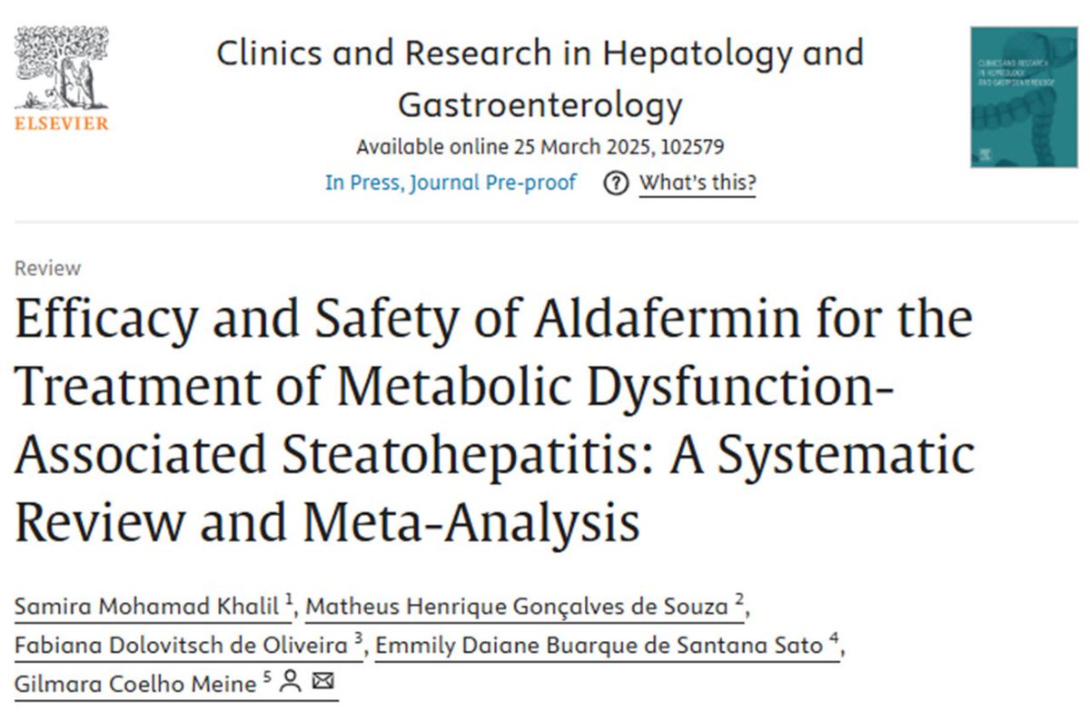 🚨 MASH is a leading cause of chronic liver disease and is associated with increased mortality.
💊 We assessed the efficacy &amp; safety of Aldafermin (FGF-19 analogue) for biopsy-confirmed MASH.

👉 pubmed.ncbi.nlm.nih.gov/40147589/

@Samira67964520