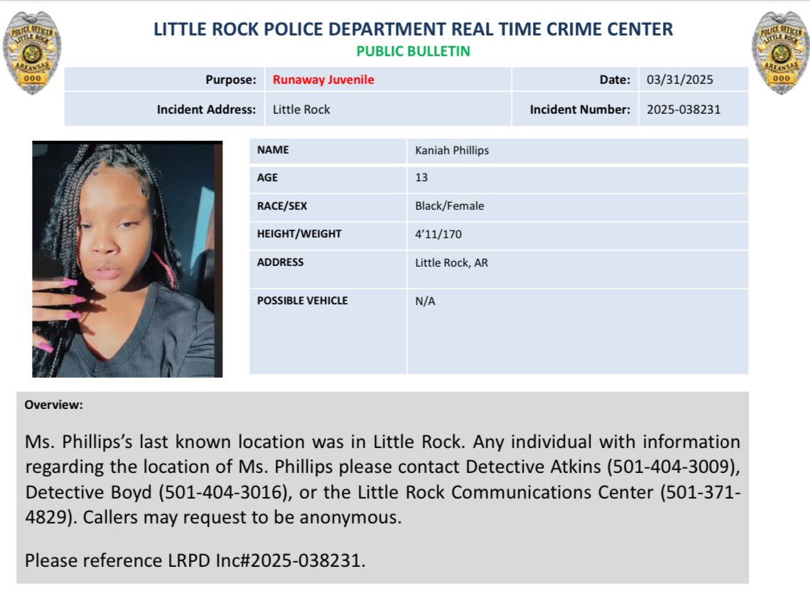 LRpolice's tweet image. Help us locate Kaniah Phillips. If you see her, contact detectives at 501-404-3016 or 501-404-3009 or 501-371-4829. #lrpd