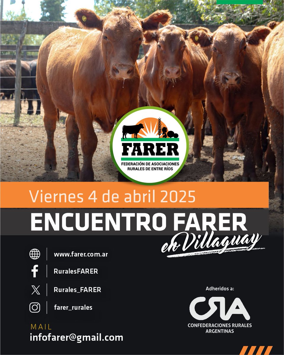 Rurales_FARER's tweet photo. ✔️REUNIÓN DEL CONSEJO DIRECTIVO DE ABRIL 
Este viernes 4 de abril se llevará a cabo una nueva reunión del Consejo Directivo de la Federación de Asociaciones Rurales de Entre Ríos en Villaguay.
La convocatoria reunirá a dirigentes rurales de todo Entre Ríos desde las 14:30 h. https://t.co/TuTSnyruVc