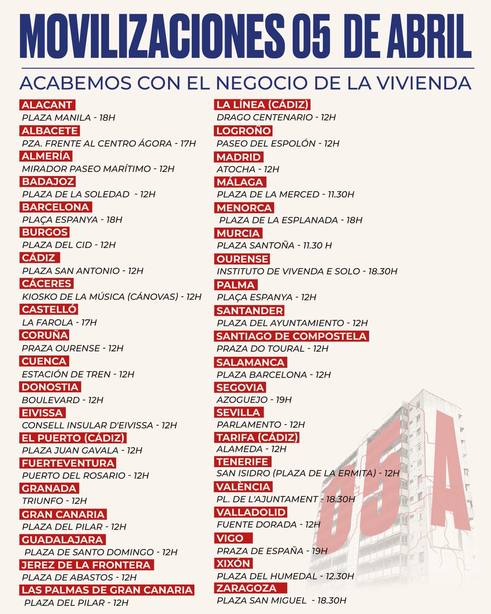 ⚡️40 CIUDADES SALDRÁN ESTE 5 DE ABRIL 🚀🧨

El próximo sábado salimos al unísono en 40 ciudades del Estado para acabar con el negocio de la vivienda🔥

Solo a través las huelgas de alquileres y nuestra organización sindical bajaremos los alquileres 💥