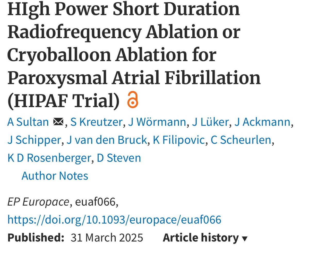 Europace Editor-in-Chief (@europaceeic) on Twitter photo #EHRA2025 ⏰
🚀 Power Short Duration Radiofrequency Ablation or Cryoballoon Ablation for Paroxysmal AF
Just published in #Europace the results of the HIPAF Trial📊
🔗 academic.oup.com/europace/artic…
<a href="/GiulioConte9/">Giulio Conte</a> <a href="/Dominik_Linz/">Dominik Linz</a> <a href="/FraSantoroMD/">Francesco Santoro, MD, PhD</a> <a href="/AndyZhangMD/">Xiaodong Zhang (Andy), MD, PhD, FHRS, FACC</a> <a href="/DavideMei93/">Davide Mei</a> <a href="/marcovitoloMD/">Marco Vitolo Ⓜ️</a> #EHRA2025 ⏰
🚀 Power Short Duration Radiofrequency Ablation or Cryoballoon Ablation for Paroxysmal AF
Just published in #Europace the results of the HIPAF Trial📊
🔗 academic.oup.com/europace/artic…
<a href="/GiulioConte9/">Giulio Conte</a> <a href="/Dominik_Linz/">Dominik Linz</a> <a href="/FraSantoroMD/">Francesco Santoro, MD, PhD</a> <a href="/AndyZhangMD/">Xiaodong Zhang (Andy), MD, PhD, FHRS, FACC</a> <a href="/DavideMei93/">Davide Mei</a> <a href="/marcovitoloMD/">Marco Vitolo Ⓜ️</a>