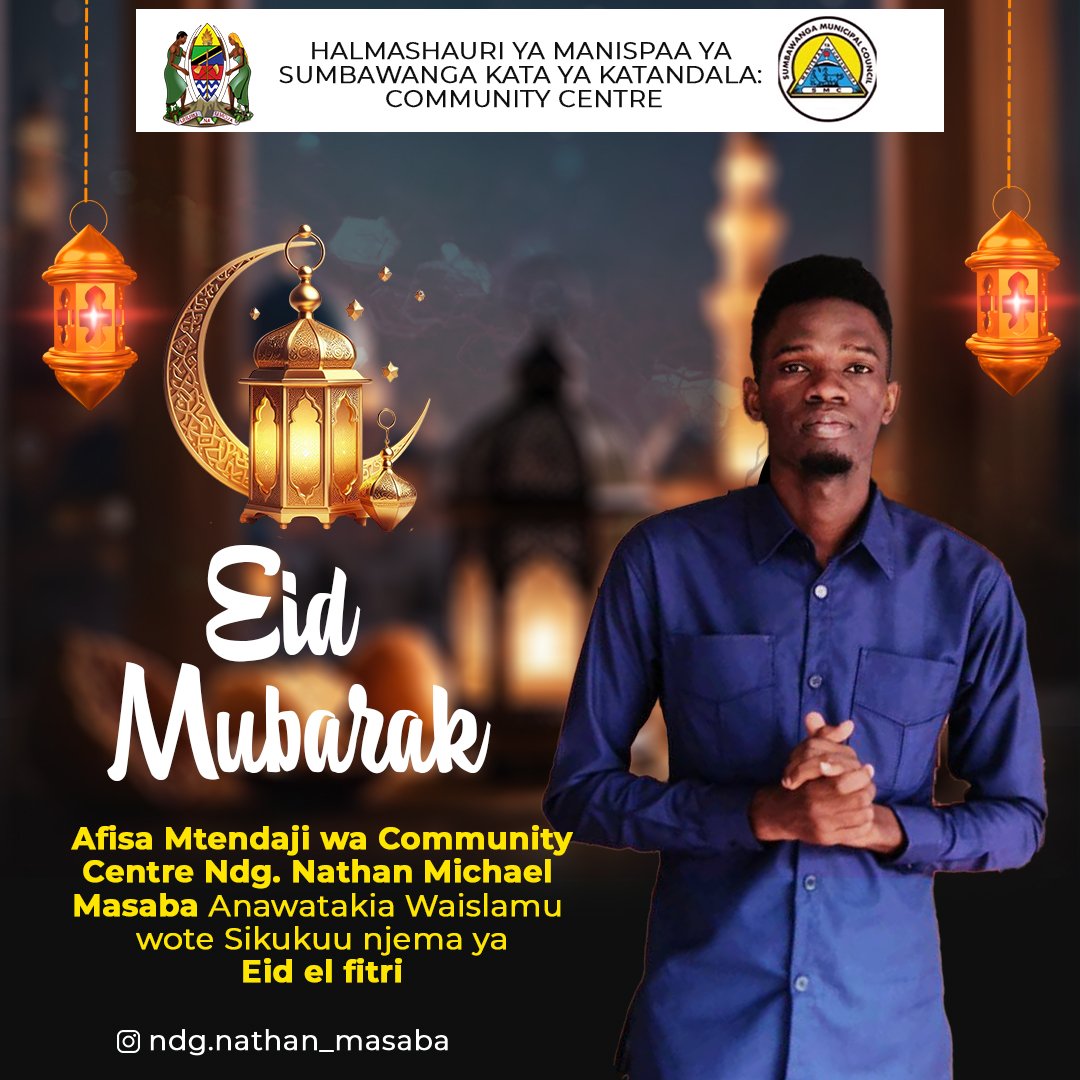 NathanMasaba's tweet photo. Eid Mubarak! ✨🌙
  
  Ninaungana na Mhe: Rais Dkt.Samia Suluhu Hassan kuwatakia wana Sumbawanga, Watanzania na Waislam wote kwa ujumla kuwatakia sikukuu njema ya Eid Al-fitr.
  
 Mungu alete baraka,amani na Upendo kwa Jamii yetu.

 #SumbawangaUtumishibora.
 #MtendajiKazini.🇹🇿 https://t.co/0lAWBPpRSZ