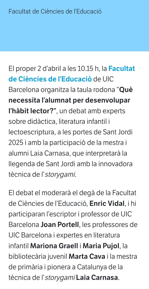 "Què necessita l'alumnat per desenvolupar l'hàbit lector?"
En parlarem aquest dimecres en una taula rodona! Tothom hi està convidat.
<a href="/martacava/">Marta Cava</a> 
<a href="/MarionaGraell/">Mariona Graell</a> 
@EducacioUIC 
<a href="/UICBarcelona/">UICBarcelona</a>