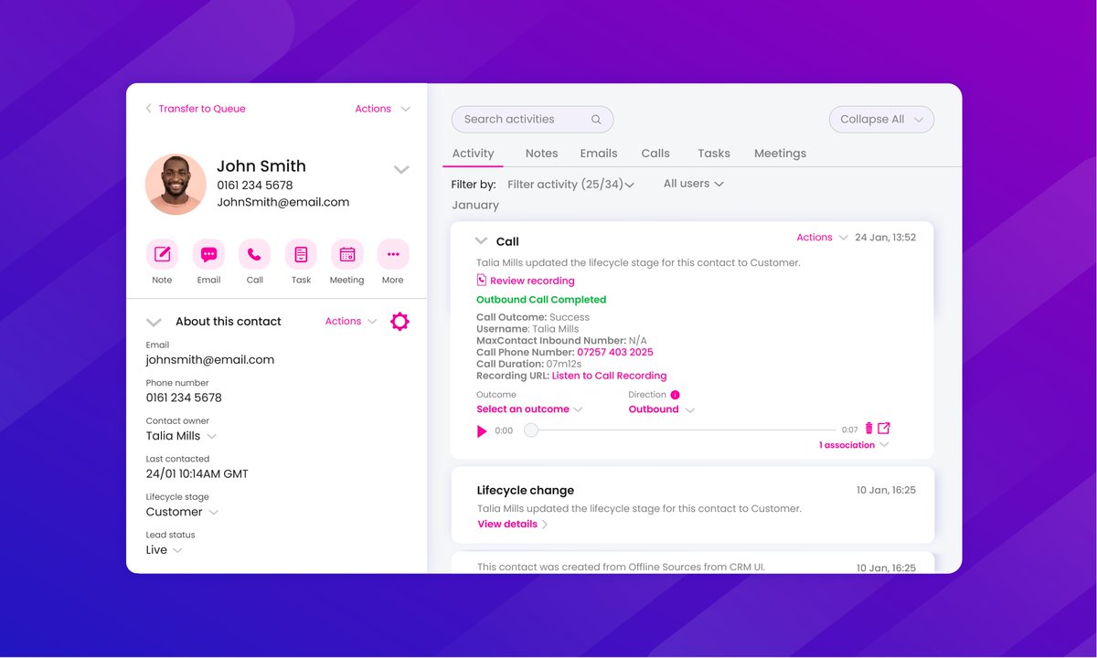 For collections teams: timing &amp; accuracy are crucial. 

Our MaxContact-HubSpot integration streamlines callbacks, providing agents with instant customer details and automated call logging. Improve collection rates &amp; call quality. Learn more: eu1.hubs.ly/H0hRCtp0
