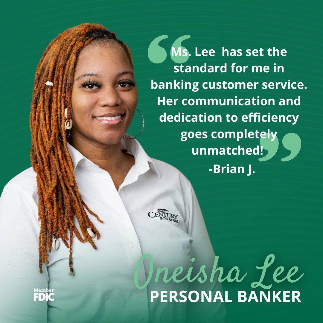 Century Bank and Trust (@thecenturybank) on Twitter photo Customer service isn’t just what we do—it’s who we are. 💚 Shoutout to Oneisha, her dedication and care set the gold standard for banking, and we’re so proud to have her on our team! Thank you, Brian J., for your kind words!
#CenturyBank #CommunityBanking <a href="/DerekBWilliams/">Derek B. Williams</a> Customer service isn’t just what we do—it’s who we are. 💚 Shoutout to Oneisha, her dedication and care set the gold standard for banking, and we’re so proud to have her on our team! Thank you, Brian J., for your kind words!
#CenturyBank #CommunityBanking <a href="/DerekBWilliams/">Derek B. Williams</a>