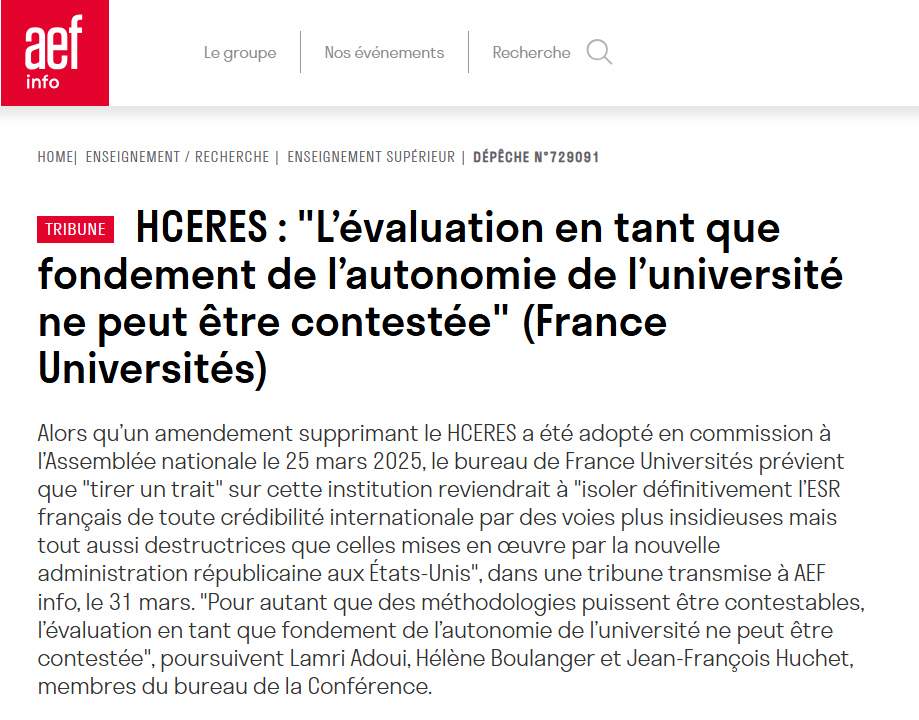 HCERES : " L’évaluation en tant que fondement de l’autonomie de l’université ne peut être contestée ". France Universités.
aefinfo.fr/depeche/729091…