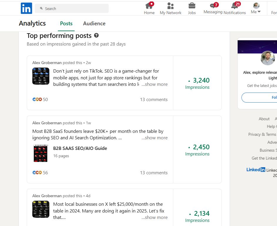 AlexGroberman_'s tweet image. I created my LinkedIn just 19 weeks ago. It’s still the easiest algorithm to crack. By far. In that time, I’ve hit over 1.4 million impressions, reached 176,000+ members, made 4,500+ connections, and added around $14,000 in monthly revenue. Here’s exactly how I did it with no…