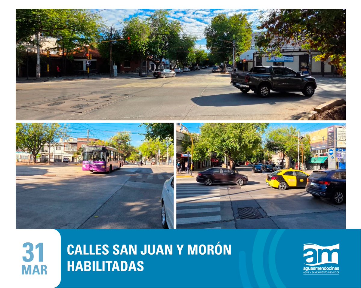 Finalizaron los trabajos de renovación de redes y colector sobre San Juan y Morón, por lo que el tránsito está habilitado para la circulación de vehículos y peatones en ambas calles. 
Más info 👉 aysam.com.ar/sj-moron-hab/