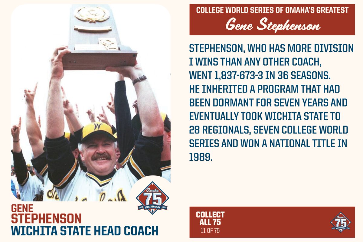 College World Series of Omaha (@cwsomaha) on Twitter photo Former <a href="/GoShockersBSB/">Wichita State Baseball</a> Head Coach Gene Stephenson was a staple in Omaha, having made seven Men’s College World Series appearances and claiming the 1989 National Championship.
#MCWS x #RoadToOmaha Former <a href="/GoShockersBSB/">Wichita State Baseball</a> Head Coach Gene Stephenson was a staple in Omaha, having made seven Men’s College World Series appearances and claiming the 1989 National Championship.
#MCWS x #RoadToOmaha