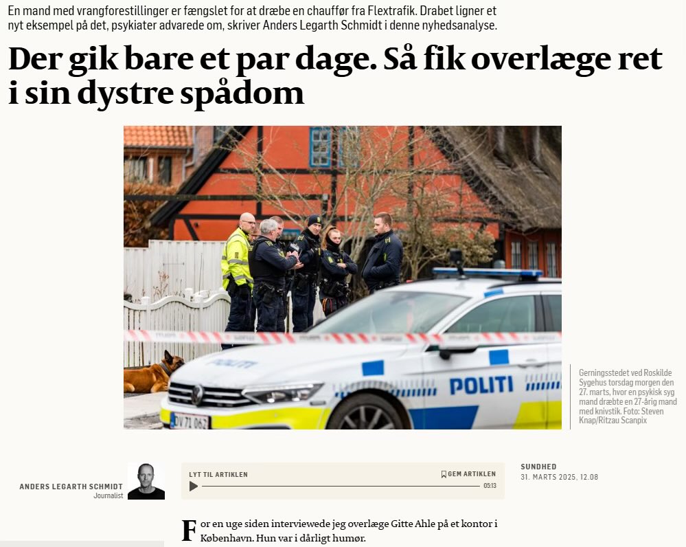 Det er med stor sorg, jeg har set, at en 27-årig mand er afgået ved døden, efter han blev snittet i halsen af en psykisk syg mand under transport til psykiatrisk akutmodtagelse. En sorg over, at en mand har mistet livet, mens han passede sit arbejde og en sorg over, at en psykisk