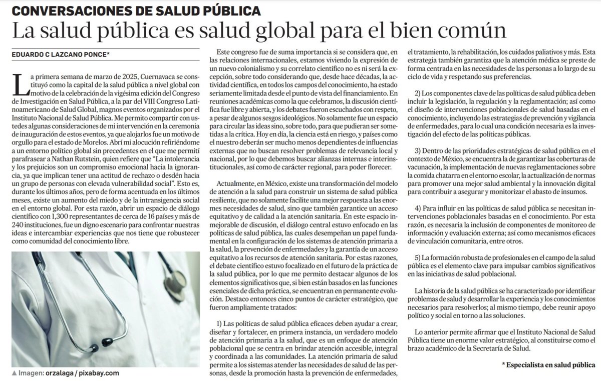 Eduardo Lazcano Ponce (@elazcanoponce) on Twitter photo Les comparto mi reflexión sobre la salud pública como bien común, a propósito del reciente 20 Congreso de Investigación en Salud Pública #20CONGISP que llevamos a cabo en el <a href="/inspmx/">INSP México</a> la primera semana de marzo.
lajornadamorelos.mx/opinion/conver… Les comparto mi reflexión sobre la salud pública como bien común, a propósito del reciente 20 Congreso de Investigación en Salud Pública #20CONGISP que llevamos a cabo en el <a href="/inspmx/">INSP México</a> la primera semana de marzo.
lajornadamorelos.mx/opinion/conver…