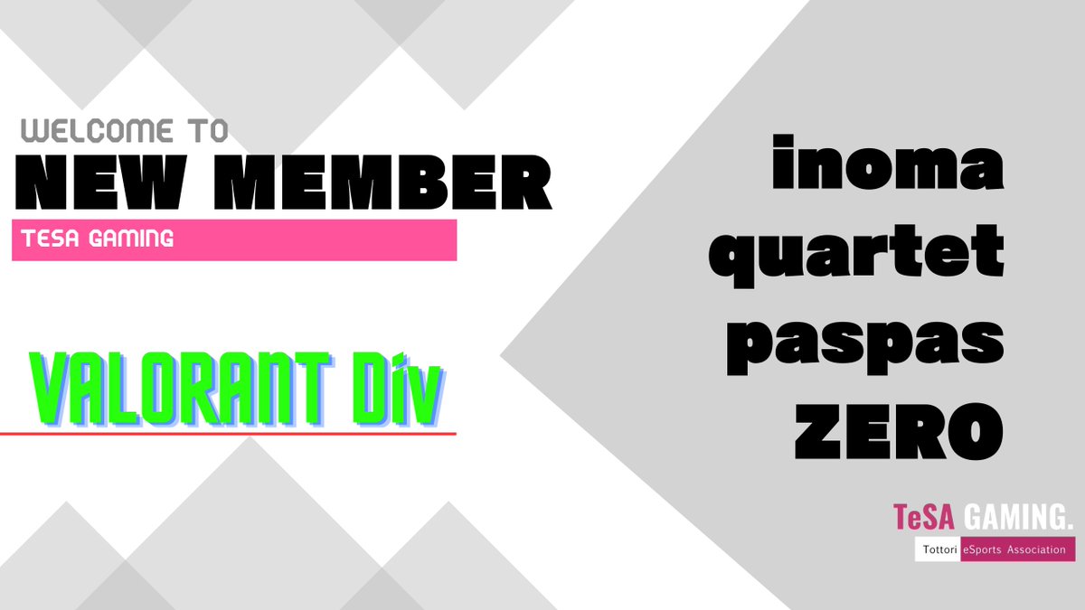 【新メンバー加入情報🎉】
この度、TeSA GAMINGはVALORANT部門再構成のため以下メンバーが加入いたします。

『新メンバー』
inoma <a href="/N0MA11/">inoma</a> 
quartet <a href="/connectOwO/">紺</a> 
paspas <a href="/paspas_twitch/">paspas</a> 
ZERO <a href="/ZERO_LER/">零/ZERO</a> 

引き続き、TeSAGAMINGの応援をよろしくお願いいたします。