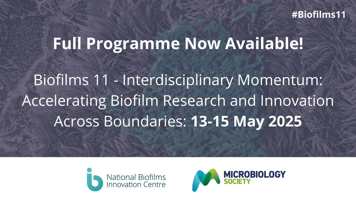 National Biofilms Innovation Centre (NBIC) (@ukbiofilms) on Twitter photo 📢 We're pleased to share that the full #Biofilms11 programme is now available and is packed with groundbreaking content that will spark collaboration and inspire new ideas💡
🗓️Join NBIC and <a href="/MicrobioSoc/">Microbiology Society</a> from 13-15 May 2025 in Cardiff➡️tinyurl.com/2karbnht
#biofilms #biofilm 📢 We're pleased to share that the full #Biofilms11 programme is now available and is packed with groundbreaking content that will spark collaboration and inspire new ideas💡
🗓️Join NBIC and <a href="/MicrobioSoc/">Microbiology Society</a> from 13-15 May 2025 in Cardiff➡️tinyurl.com/2karbnht
#biofilms #biofilm
