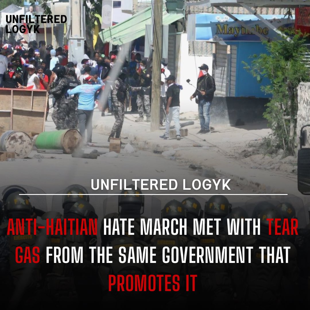 logyk_mind's tweet photo. On March 30th, a Dominican nationalist group called Antigua Orden marched in Fruisa to protest the presence of Haitian migrants in the area—many of whom are over-exploited laborers working in construction. The demonstration was fueled by rising anti-Haitian sentiment, amplified by Dominican media figures such as Santiago Matías (Alofoke), who openly encouraged participants to carry weapons—including guns and machetes—in case of Haitian resistance.

In response to the planned march, Dominican authorities deployed police forces to monitor and intervene if necessary. Although Antigua Orden framed the protest as a “peaceful demonstration,” the event quickly descended into chaos, forcing law enforcement to disperse the crowd with tear gas. According to Listín Diario, government officials later claimed that Dominicans “infiltrators” were responsible for provoking clashes between protesters and the police. Additionally, videos circulating on social media shows Dominican men waving national flags harassing and shoving a Haitian man, reinforcing the violent undercurrent of the demonstration.

Ironically, before the march, several news outlets had reported that Dominicans and Haitians in Fruisa were living together peacefully. Haitian migrants, despite being subjected to low wages and harsh working conditions, had coexisted with their Dominican neighbors without major incidents. The protest, therefore, was not a response to real community tensions but a politically charged effort to ignite anti-Haitian hostility against a workforce that Dominican society heavily depends on.

The march had already drawn criticism prior to the event. The head of the Haitian transitional council publicly condemned it, arguing that it was not organized in good faith and expressing concern for the Haitian laborers in Fruisa.

This incident exposes a stark contradiction in the Dominican government’s handling of anti-Haitian sentiment. While authorities have historically enacted policies that marginalize and deport Haitian migrants, they also cracked down on an openly anti-Haitian protest. This raises critical questions: Is the government attempting to control nationalist groups to maintain order, or is it fearful of the consequences of escalating xenophobic violence? The state appears to be walking a tightrope—fueling anti-Haitian rhetoric through policy and media influence while struggling to prevent it from spiraling into uncontrollable conflict.

Meanwhile, the Haitian government remains eerily silent. Since 2024, Haitian officials have failed to address the worsening conditions faced by their citizens in the Dominican Republic—just as they have failed to respond to the deepening gang crisis in Port-au-Prince. This latest episode is yet another glaring example of the Haitian state’s neglect, abandoning its people to face discrimination and violence abroad with no diplomatic intervention. The absence of any official response only solidifies the perception that the Haitian government has utterly abdicated its responsibility to protect its own citizens, whether at home or in exile.