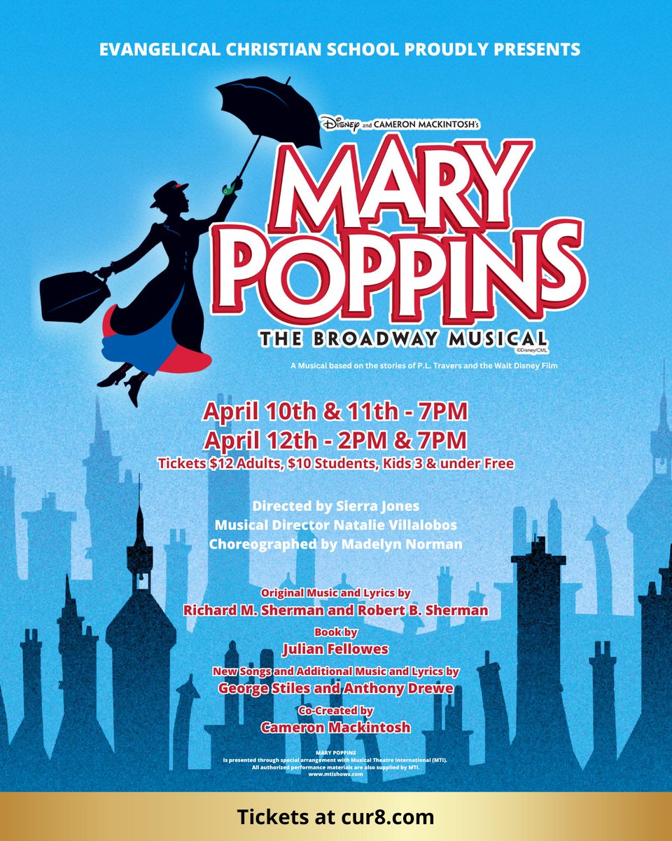 Ladies and Gentlemen!!! ECS Fine Arts Program PROUDLY PRESENTS...
MARY POPPINS The Broadway Musical!
April 10th &amp; 11th at 7PM
April 12th at 2PM and 7PM
Adults $12, Students $10, Kids 3 and Under Free!
TICKETS AT ==&gt; cur8.com/20056/project/…
