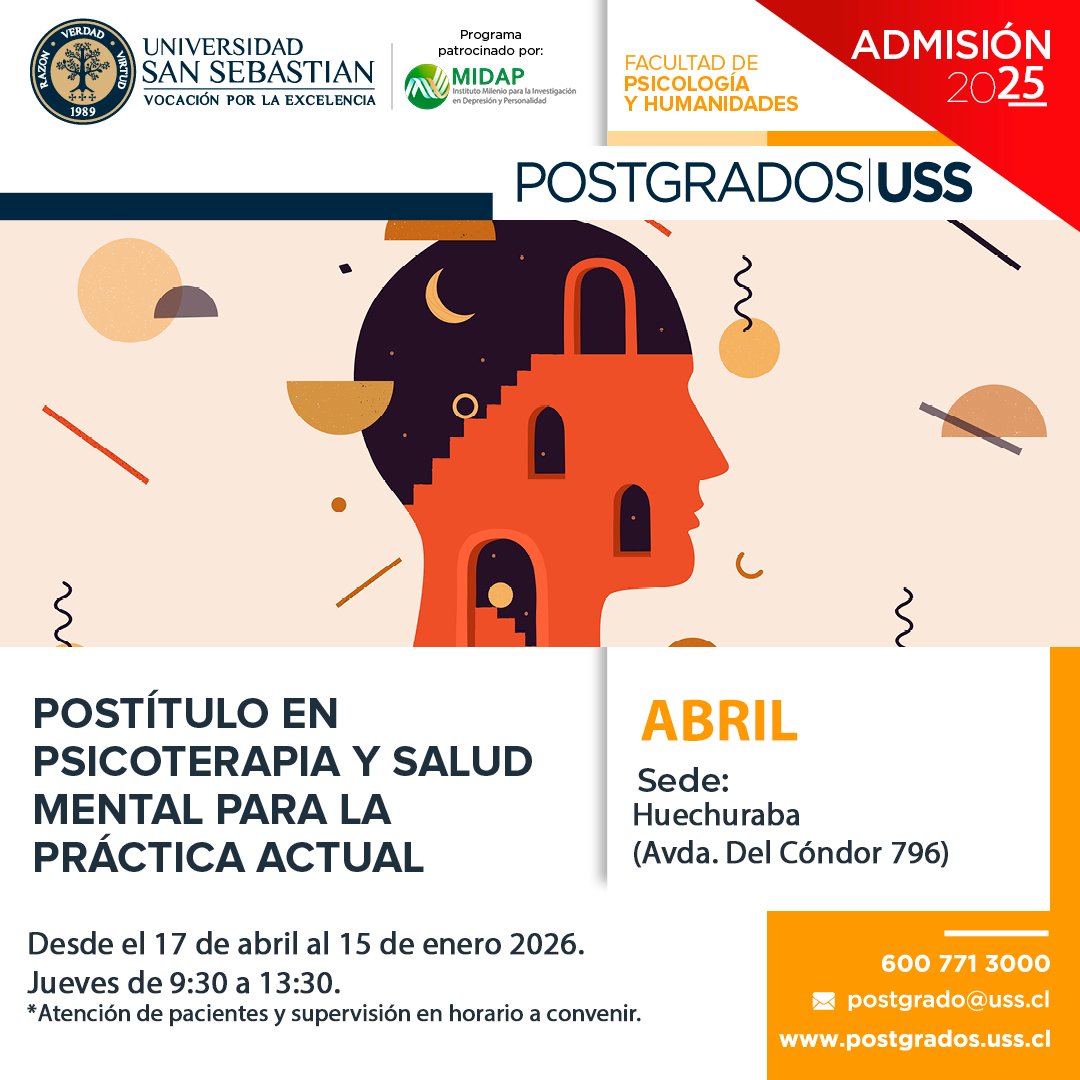 Programa en la <a href="/USanSebastian/">Universidad San Sebastián</a> patrocinado por MIDAP:
Postítulo en psicoterapia y salud mental para la práctica actual [Sede Huechuraba]
Postulaciones abiertas.
Más información y postulación en postgrados.uss.cl/programa/posti…