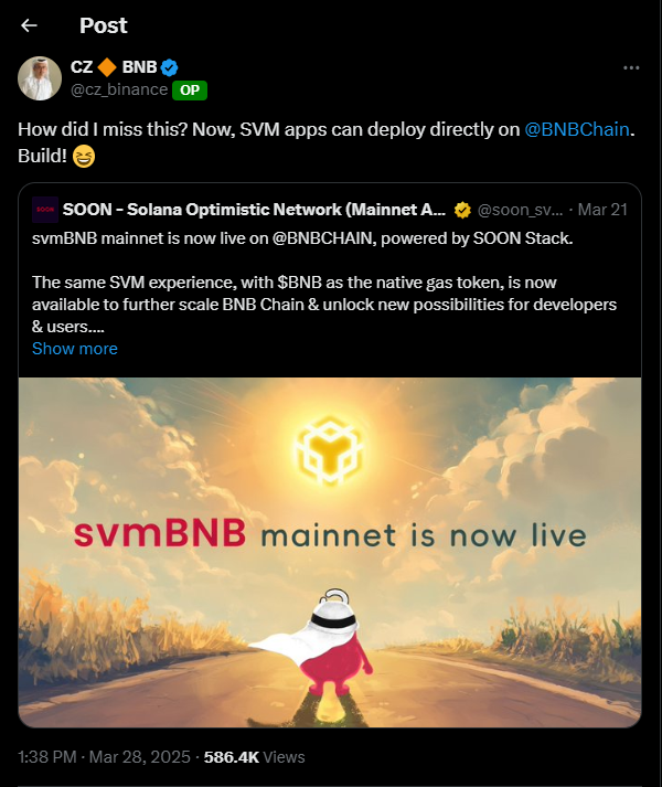 #GEM #SOONSVM #Airdrop Soon SVM

As u can see <a href="/cz_binance/">CZ 🔶 BNB</a> mentioned about Soon before! Now u can get free airdrop by support them on X!

How to join???

1️⃣Visit the site &amp; connect wallet
redpill.soo.network
2️⃣Choose the red pill
3️⃣Connect X
4️⃣Write the posts with with