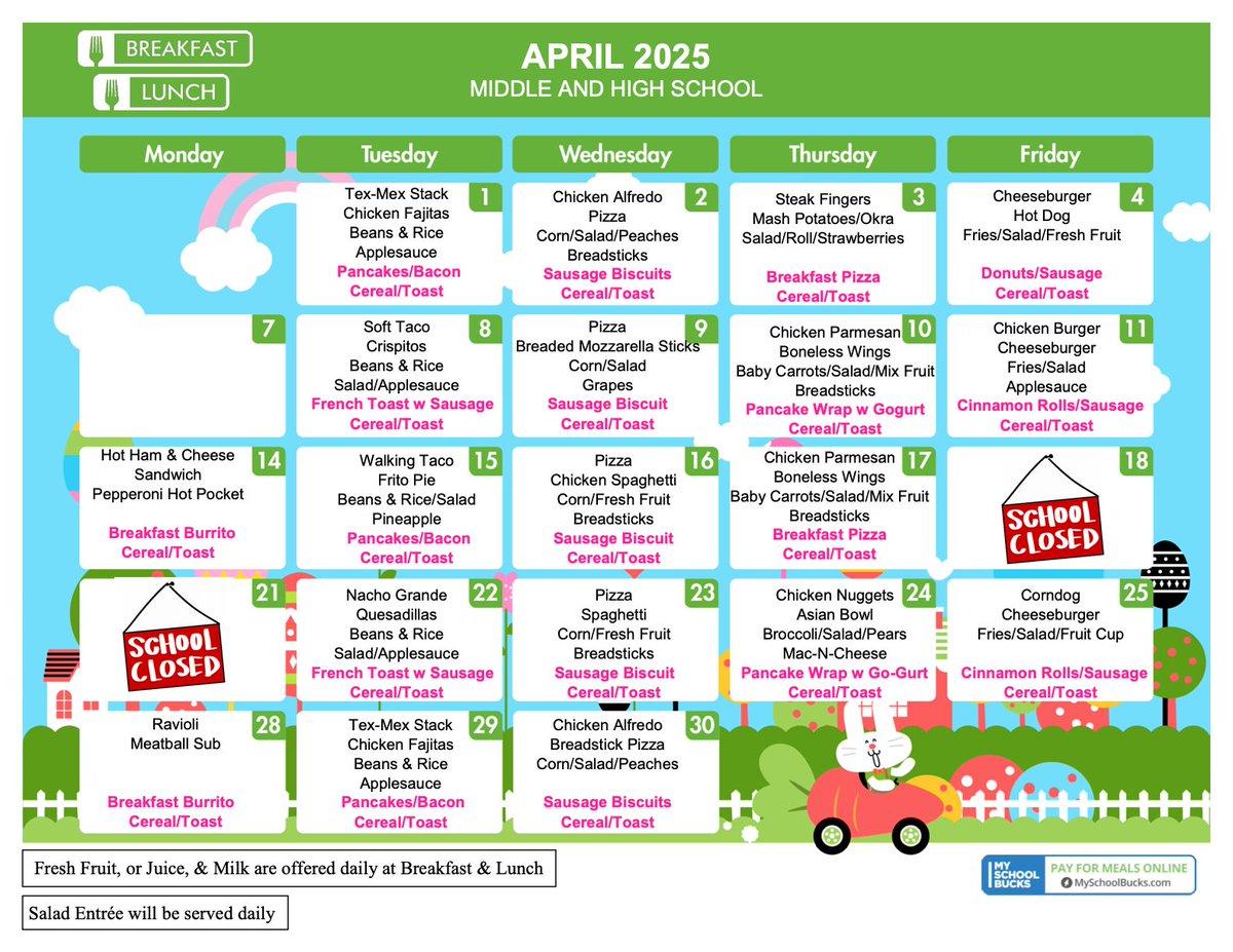 The April 2025 Quanah ISD Lunch Menus.