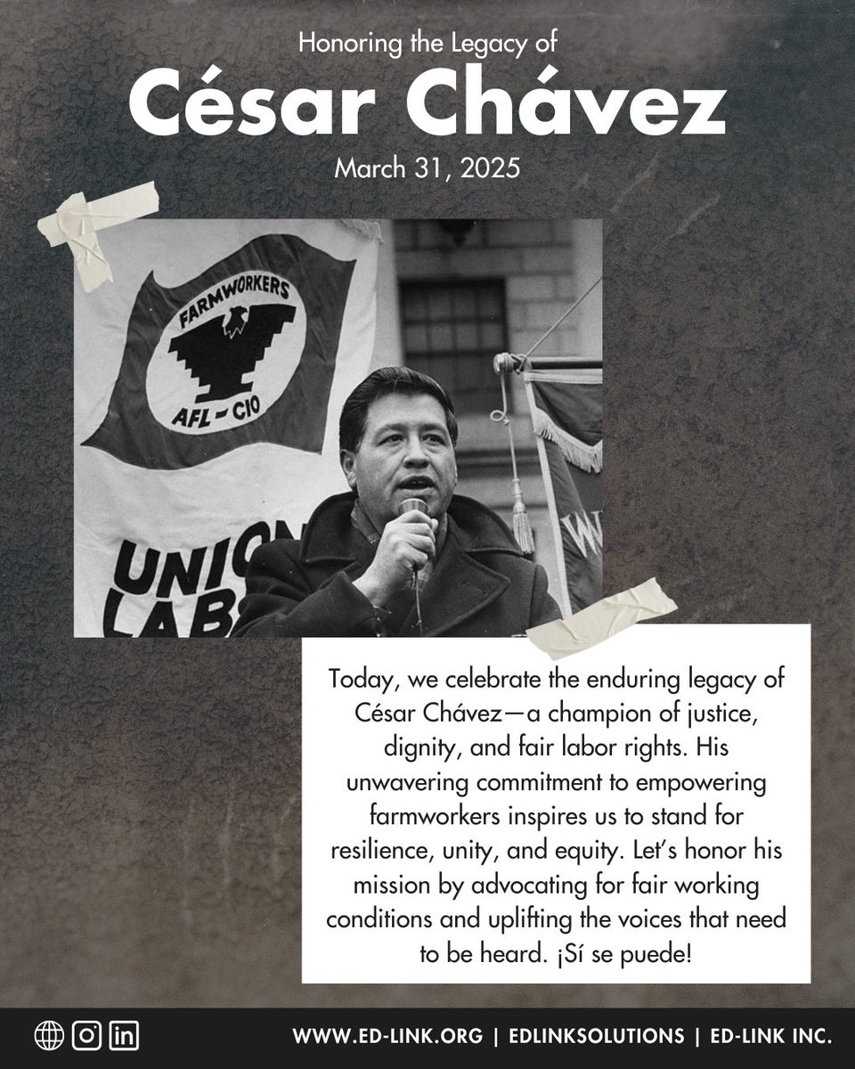Today, we celebrate the enduring legacy of César Chávez. His commitment to empowering farmworkers inspires us to stand for resilience, unity, and equity. Honor his mission by advocating for fair working conditions and uplifting valuable voices. ¡Sí se puede! 
#CesarChavezDay