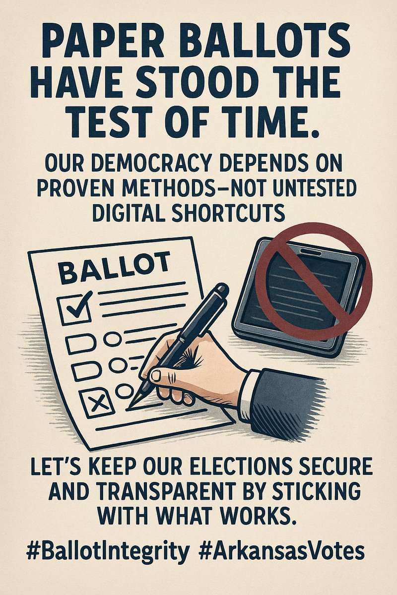 BryanLeeNorris's tweet photo. Paper ballots have stood the test of time. Our democracy depends on proven methods—not untested digital shortcuts. Let’s keep our elections secure and transparent by sticking with what works. #BallotIntegrity #ArkansasVotes #arpx https://t.co/XGVmQhKc8R