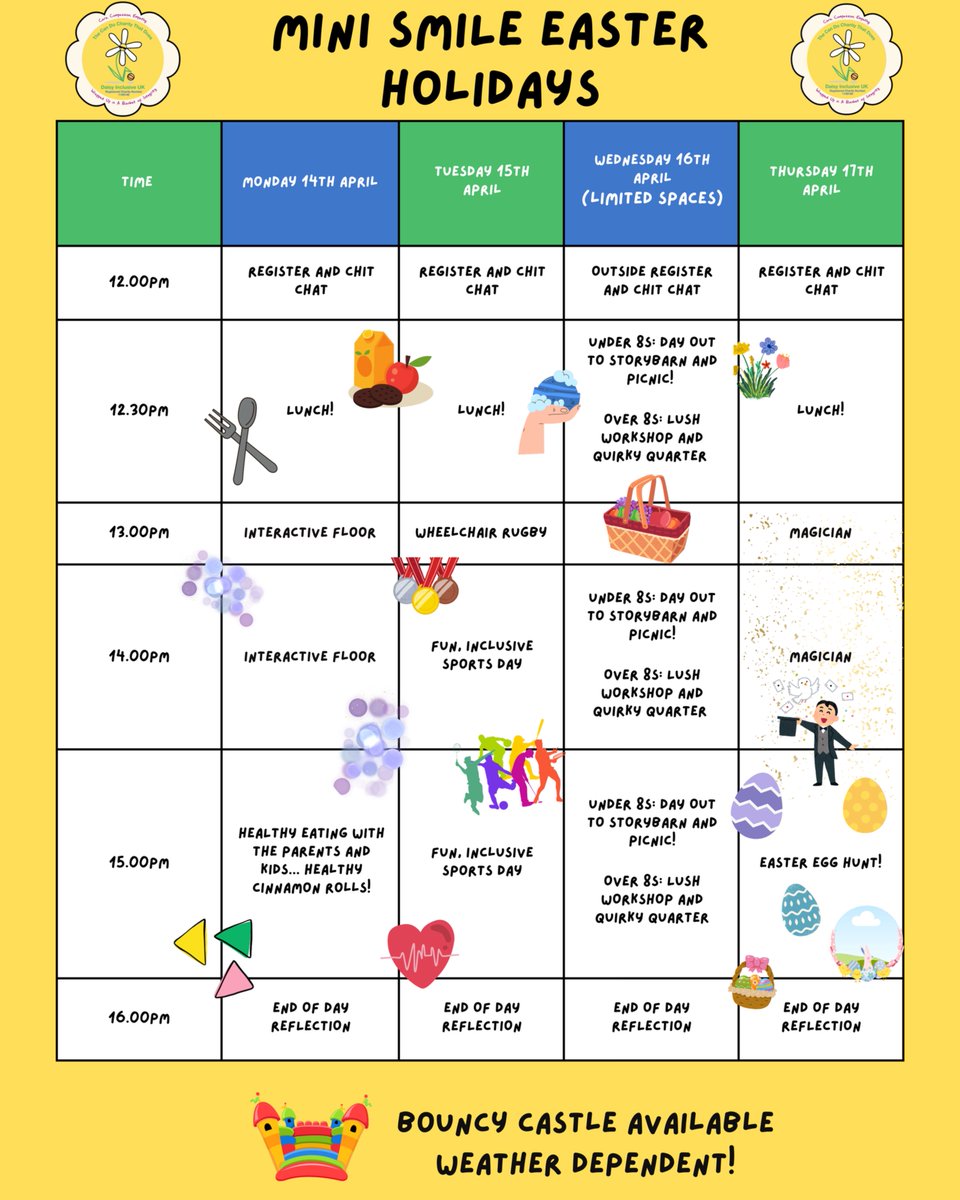 🐣 𝗧𝗶𝗺𝗲𝘁𝗮𝗯𝗹𝗲 | 𝗘𝗮𝘀𝘁𝗲𝗿 𝗛𝗼𝗹𝗶𝗱𝗮𝘆 𝗖𝗹𝘂𝗯 🐰

🚍 Days out across Merseyside 
⚽️ Sports &amp; activities
🎨 Arts &amp; crafts
🏰 Bouncy castle everyday
🍴 Healthy eating
🐣Easter Party 🎉 

Visit eequ.com or 📩 please contact info@daisyuk.com to register.