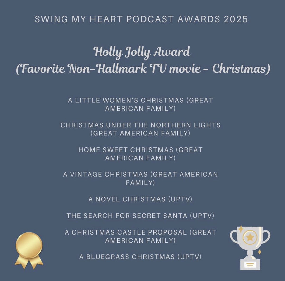 Swing My Heart Podcast (@swingmyheartpod) on Twitter photo <a href="/GAfamilyTV/">Great American Family</a> & <a href="/UPtv/">UPtv</a> fans You voted 🗳️and in no particular order, here are your nominees for Favorite Non-Hallmark Christmas movie in the 2025 Swing My Heart Podcast Awards. Stay tuned next month when you’ll get to decide on the winner. 🎥🏆🎄❤️
<a href="/JillianMurray/">jillian murray</a> <a href="/merrittpattrsn/">Merritt Patterson</a> <a href="/GAfamilyTV/">Great American Family</a> & <a href="/UPtv/">UPtv</a> fans You voted 🗳️and in no particular order, here are your nominees for Favorite Non-Hallmark Christmas movie in the 2025 Swing My Heart Podcast Awards. Stay tuned next month when you’ll get to decide on the winner. 🎥🏆🎄❤️
<a href="/JillianMurray/">jillian murray</a> <a href="/merrittpattrsn/">Merritt Patterson</a>